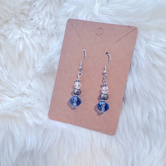 ๐Czech Blue Sapphire 8mmRound Faceted Round Beaded+Clear Crystal Silver Earring - Picture 6 of 16